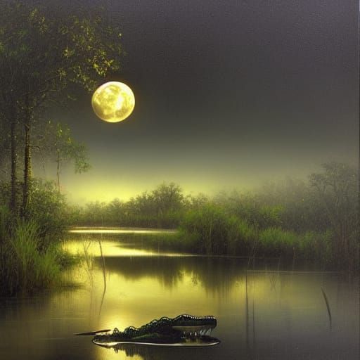 Alligator in Moonlit Swamp: Realistic Oil Painting