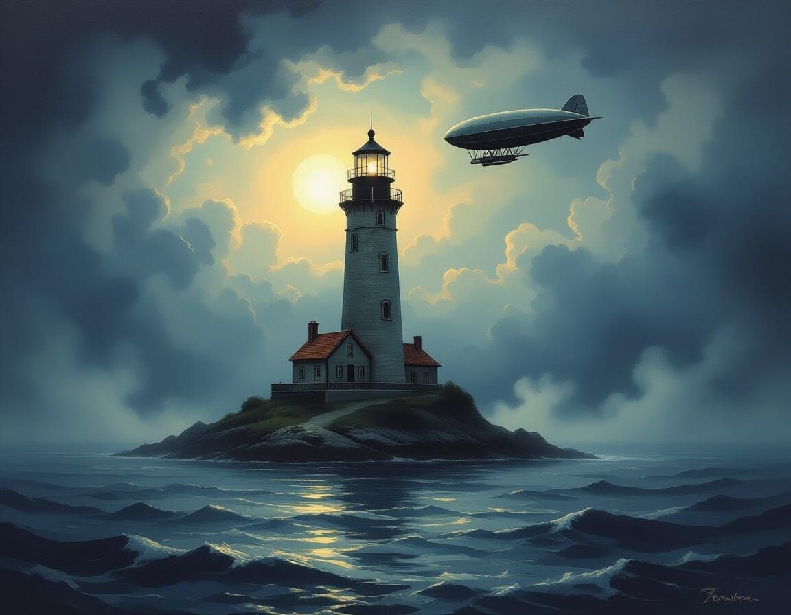 Lighthouse and Dirigible in Romantic Oil Painting Style