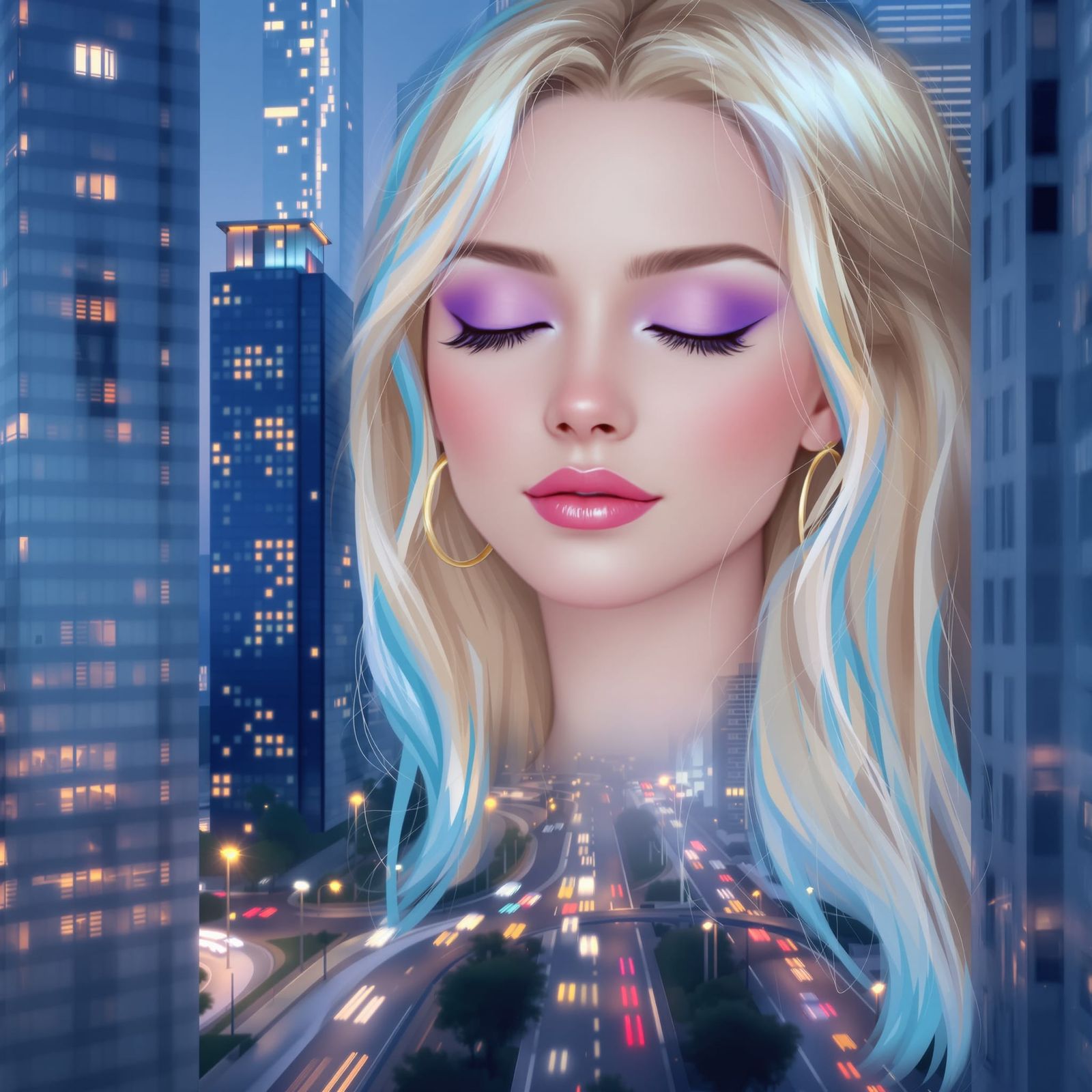 Serene Woman's Face Over Cityscape in Dreamlike Digital Art