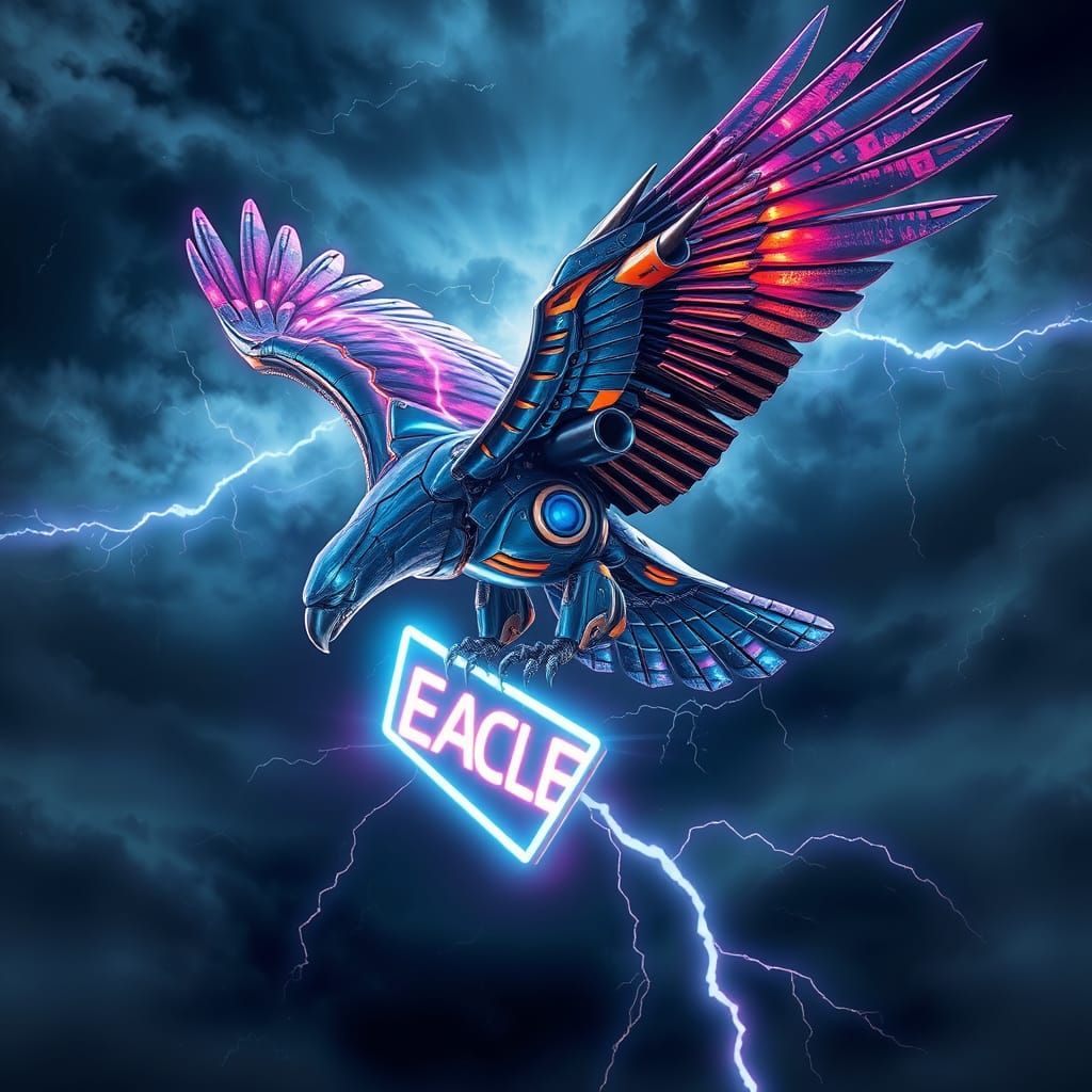 Robotic Eagle Soaring Through Stormy Cyberpunk Sky