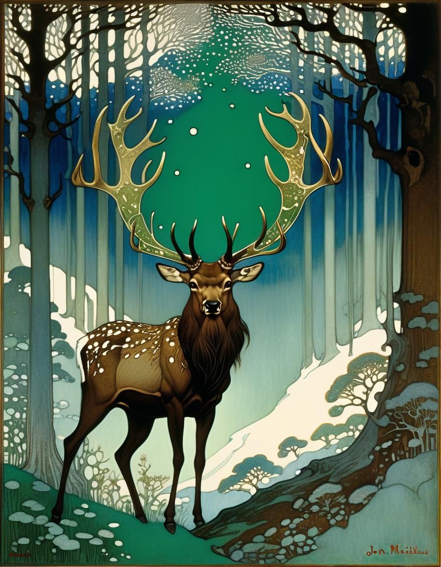Antlered Woman with Pouty Lips in Moody Forest
