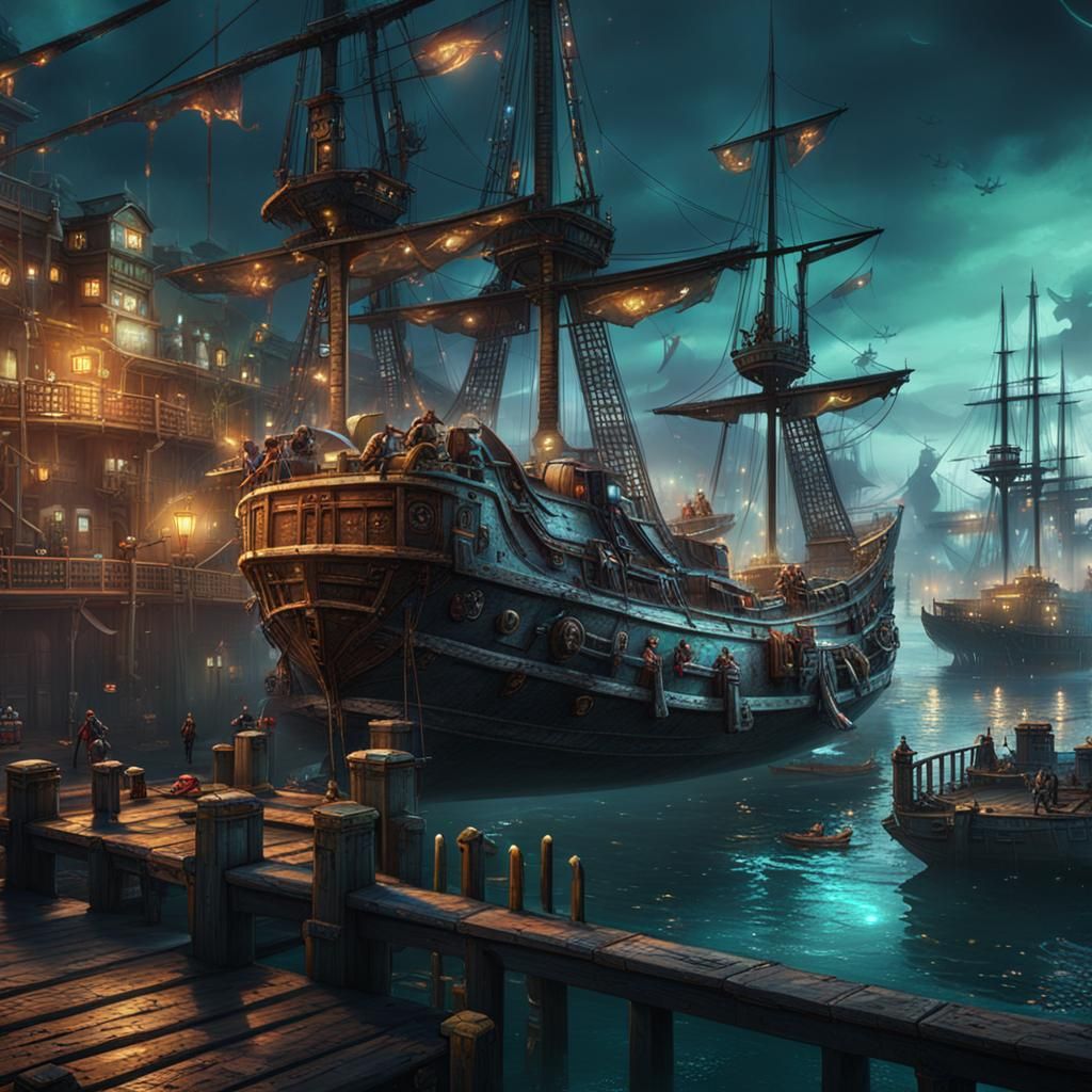 Cyberpunk Fantasy Harbor Scene with Pirates