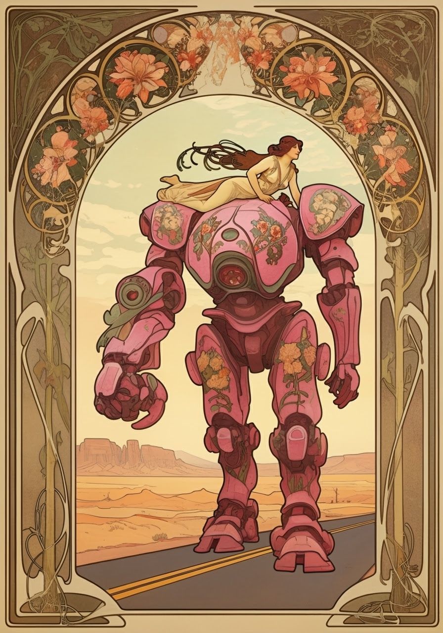 Art Nouveau Woman Rides Pink Mech in Desert