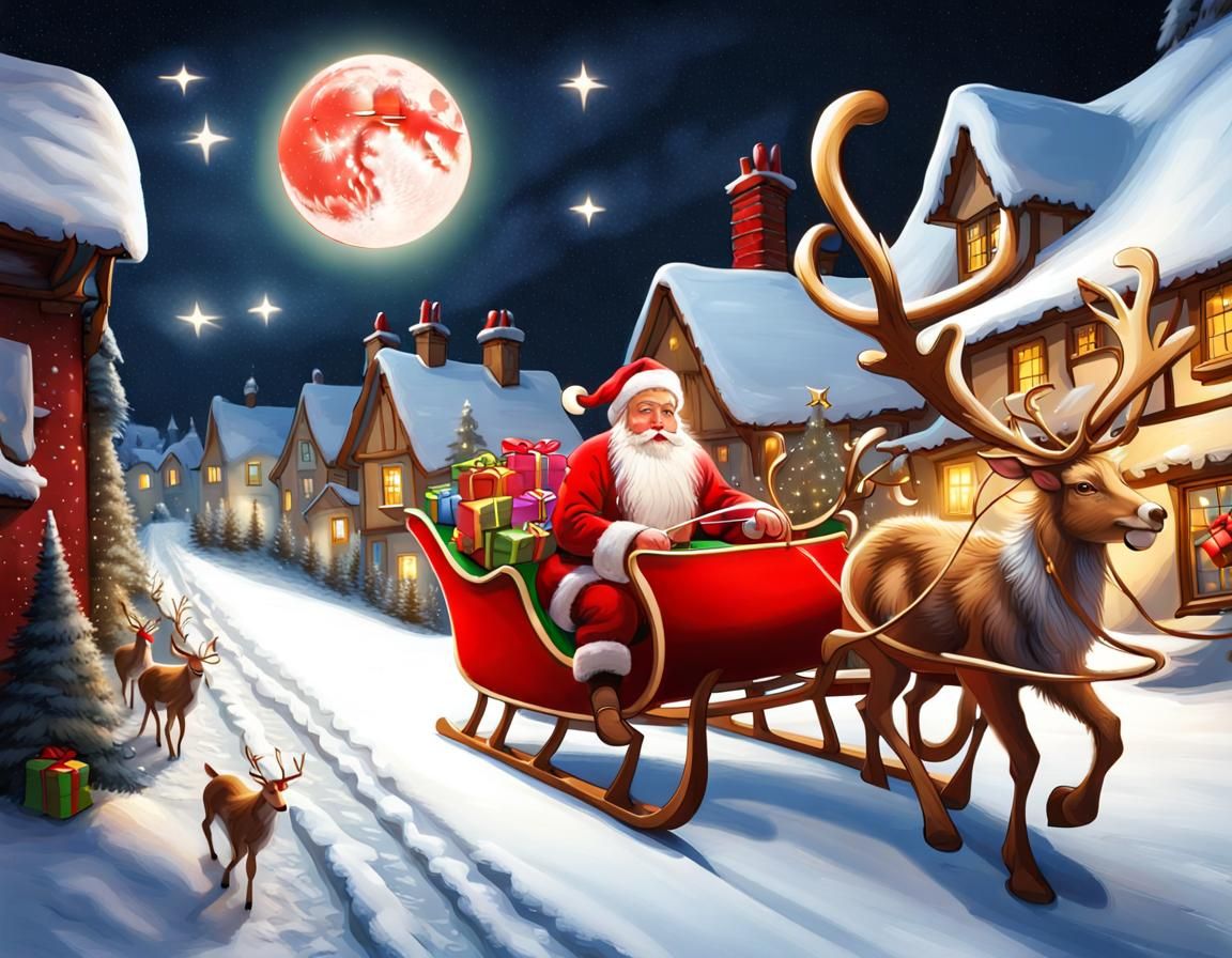 Santa's Sleigh Over English Village on Christmas Eve