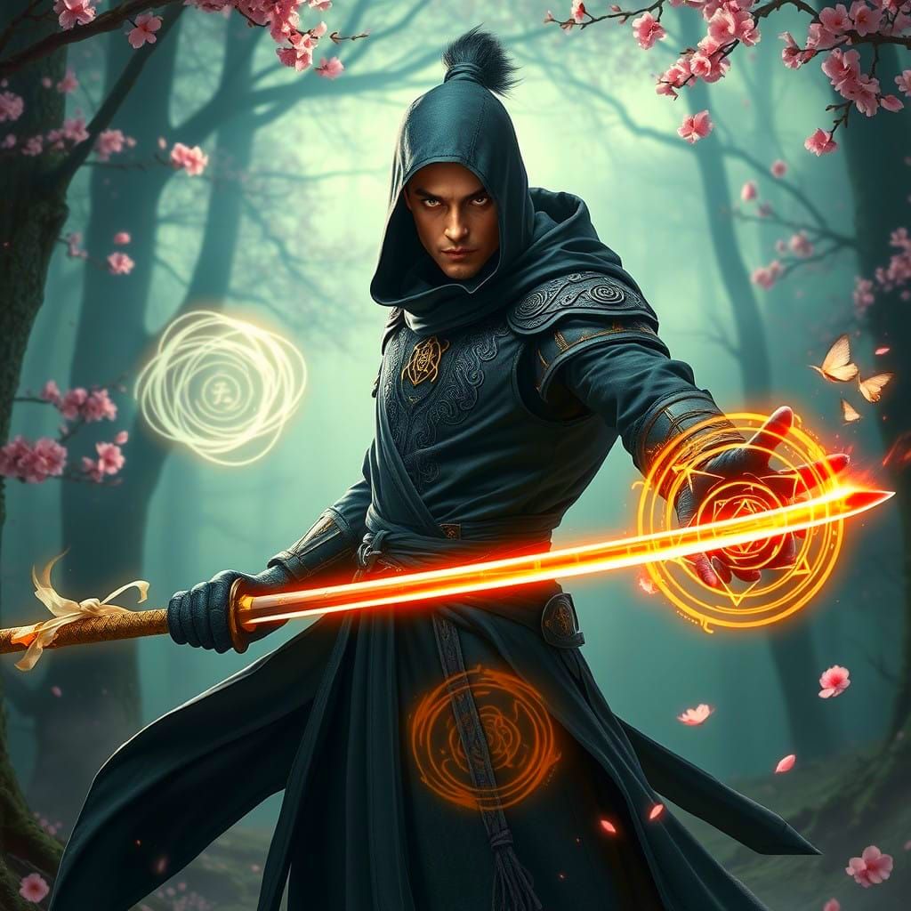 Sleek Mage-Ninja Master Stands Poised in Mystic Forest