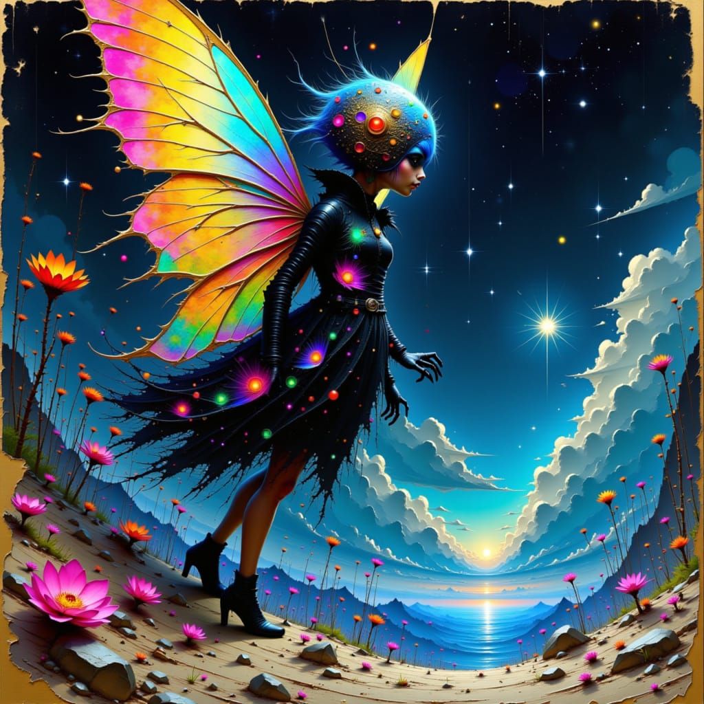 Surreal Alien Butterfly Creature Over Cosmic Vortex