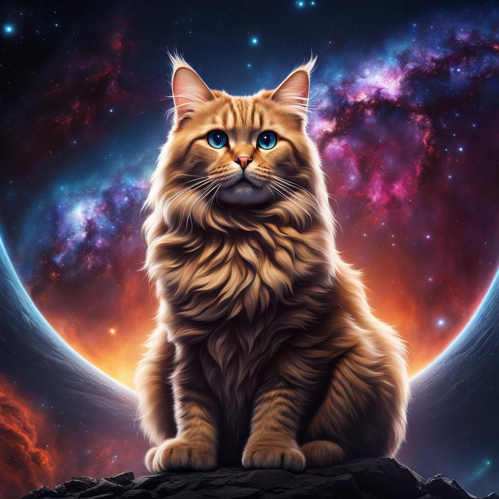 Giant Cat Gazing at Galaxy: Detailed Matte Painting