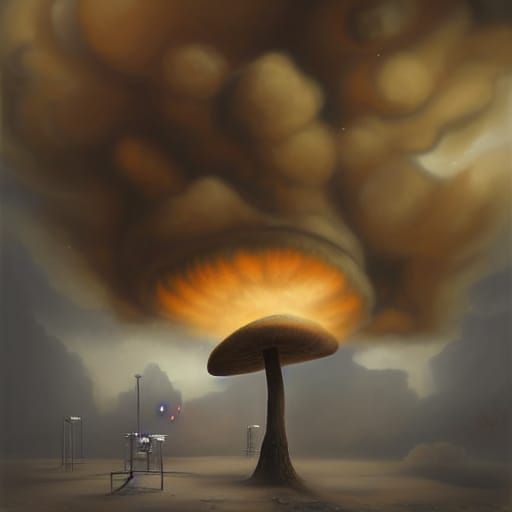 Dystopian Mushroom Cloud in Oil Painting Style