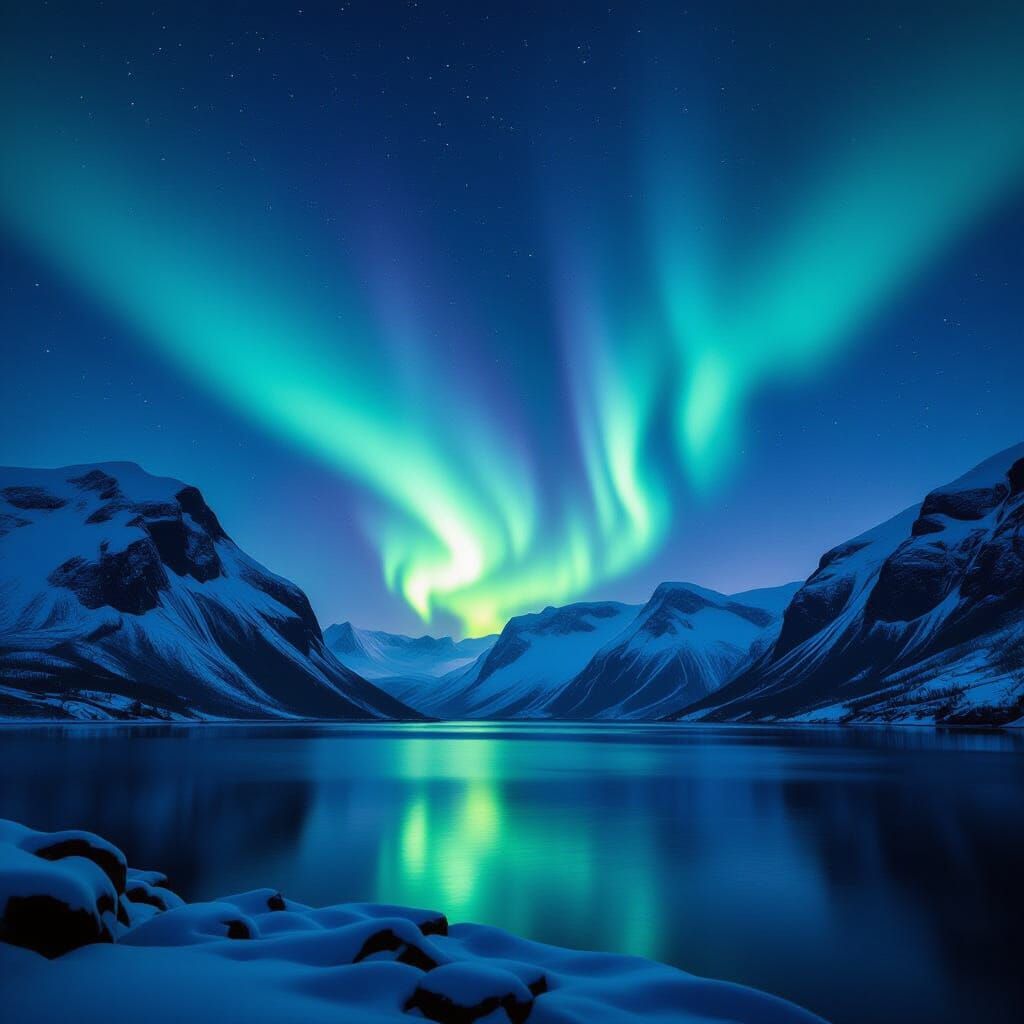 Vibrant Aurora Borealis Over Winter Fjord Landscape