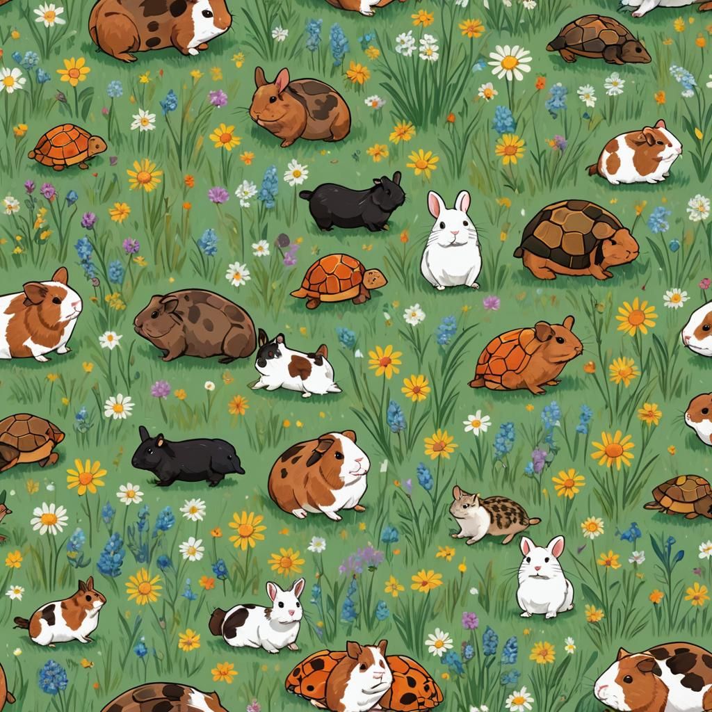 Animals in Sunny Meadow with Colorful Sky