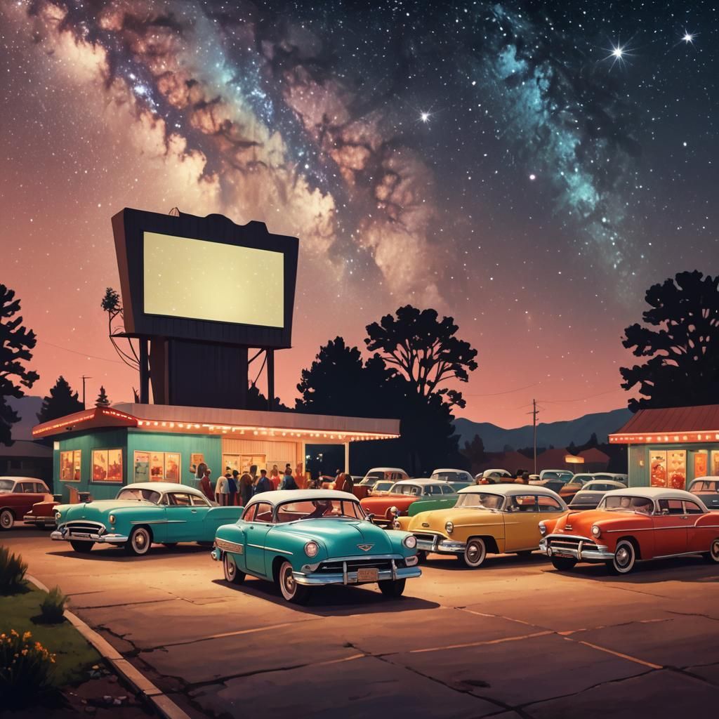 1950s Drive-In Under Starry Sky in Retro Style
