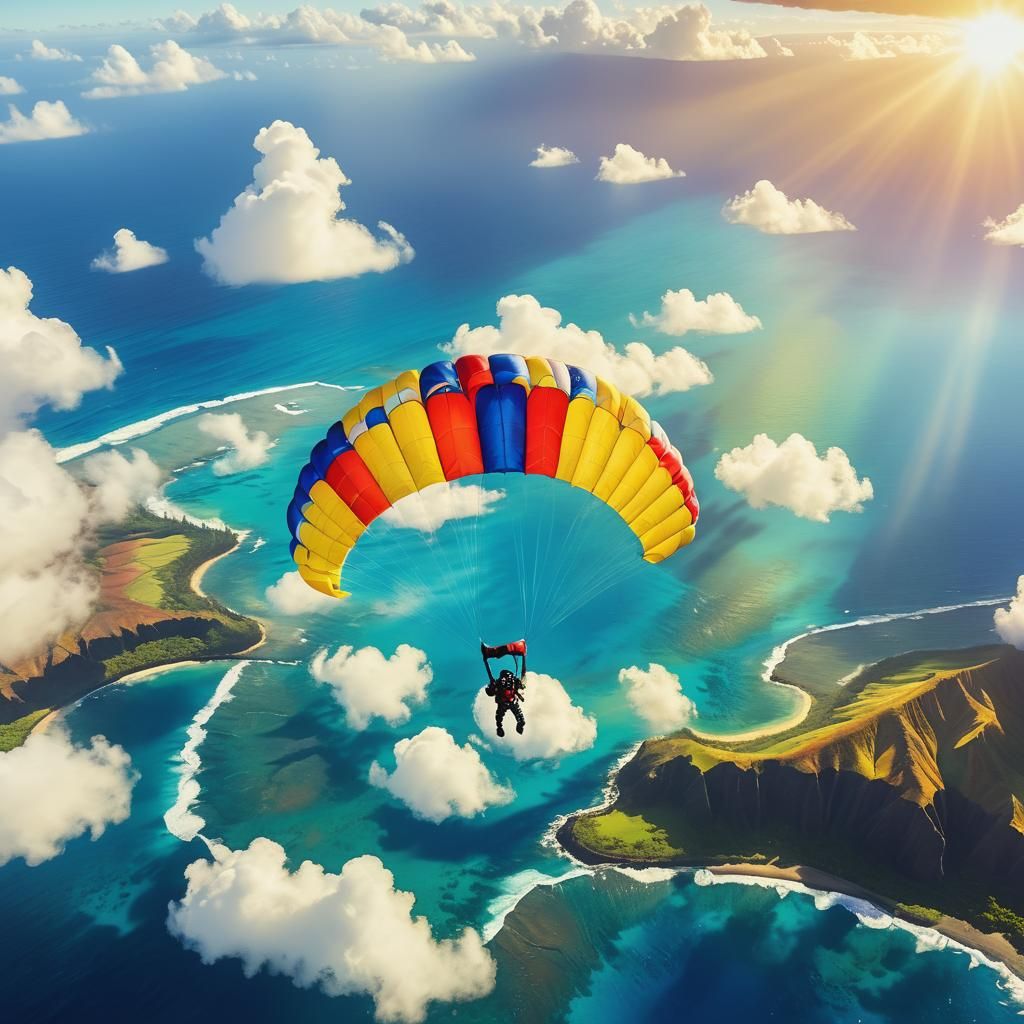 Skydiver's Aerial Jump over Hawaii in Oil Painting Style