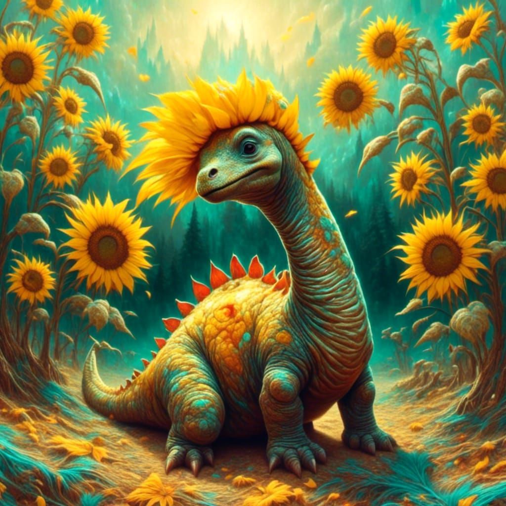 Chibi Brontosaurus Hiding in Sunflowers
