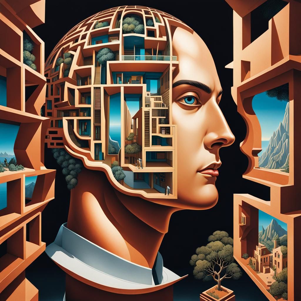 Surreal Human Head Cross-Section in Escher Style