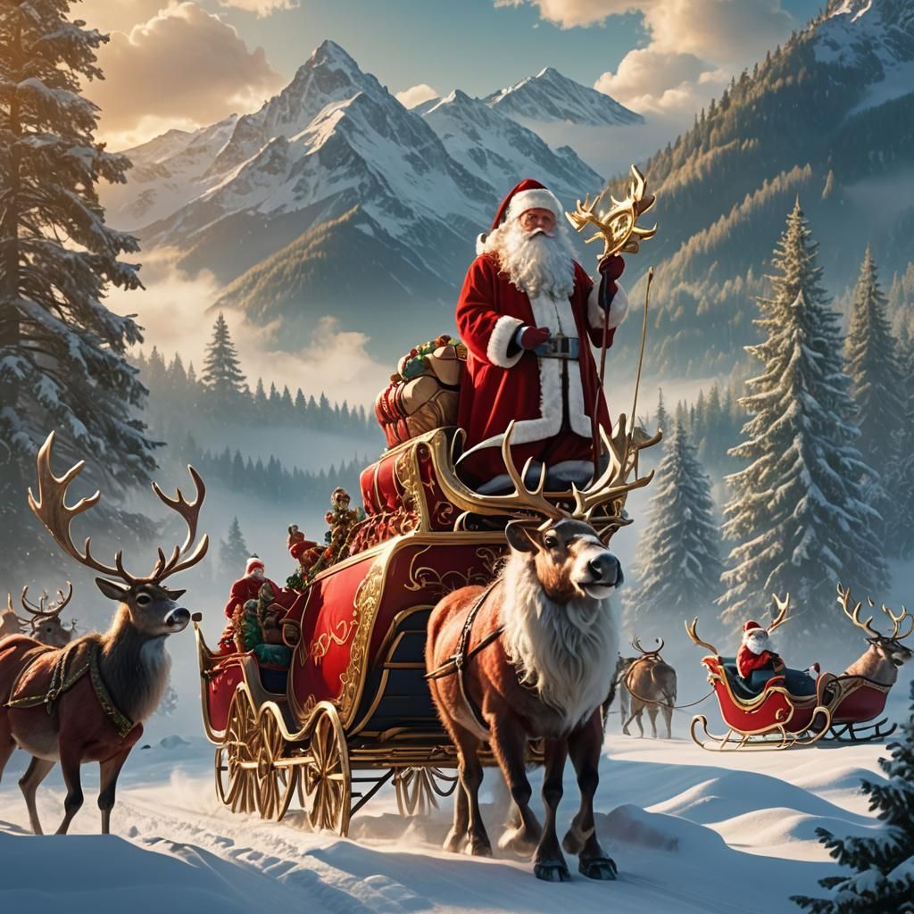 Majestic Santa Claus with Fantasy Sleigh in Winter Wonderlan...