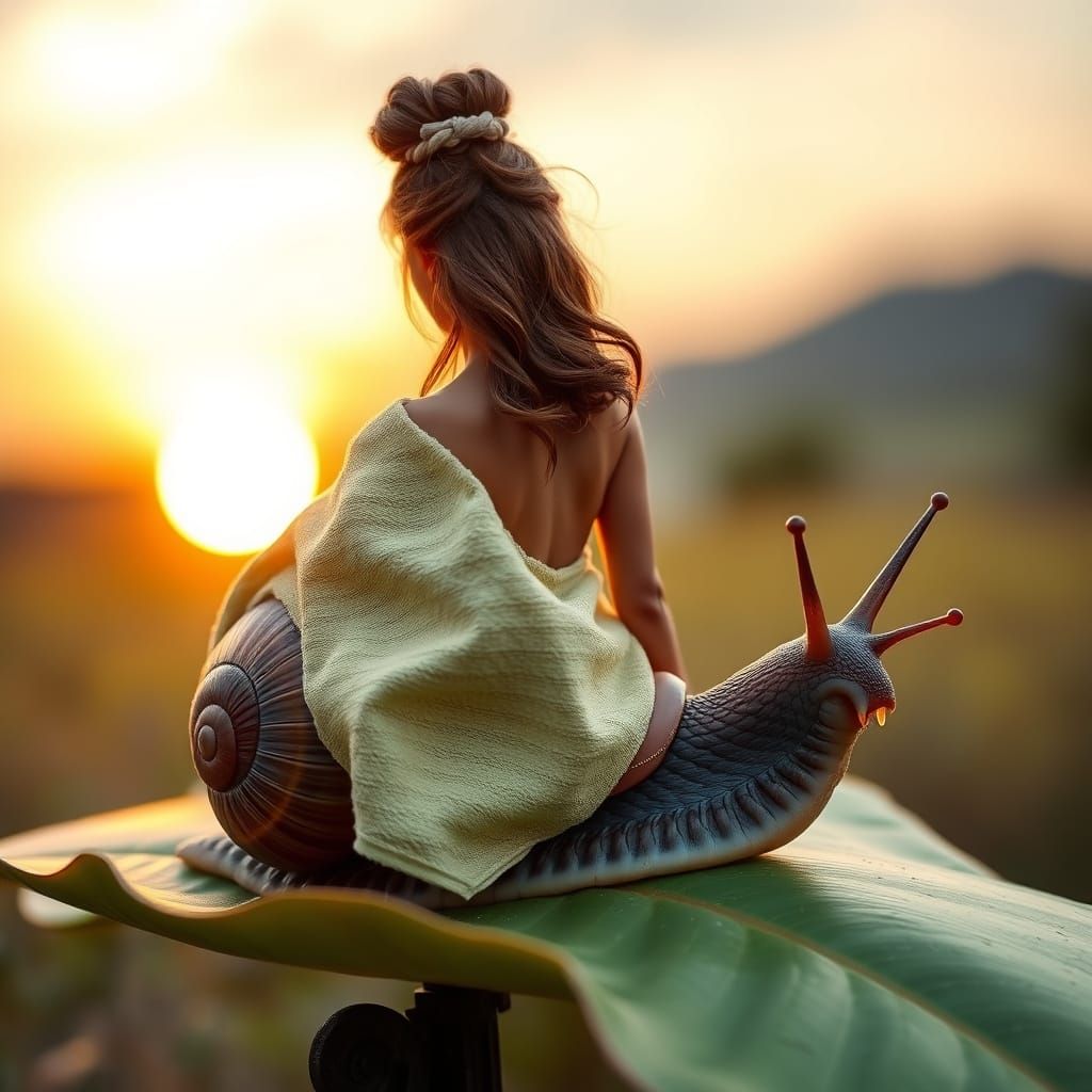 Miniature Beauty Rides Sunset Snail on Enchanted Leaf