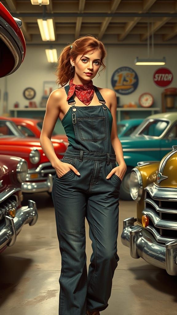 Female Mechanic in 1950s Garage, Retro Art