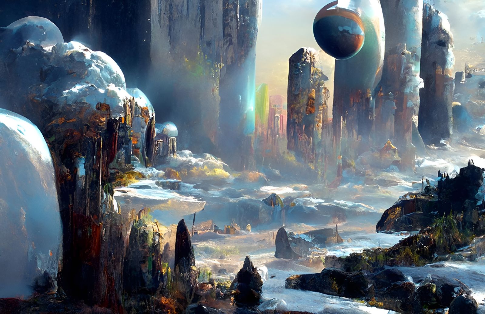 Colorful Alien Cityscape in Space, Detailed Sci-Fi Art