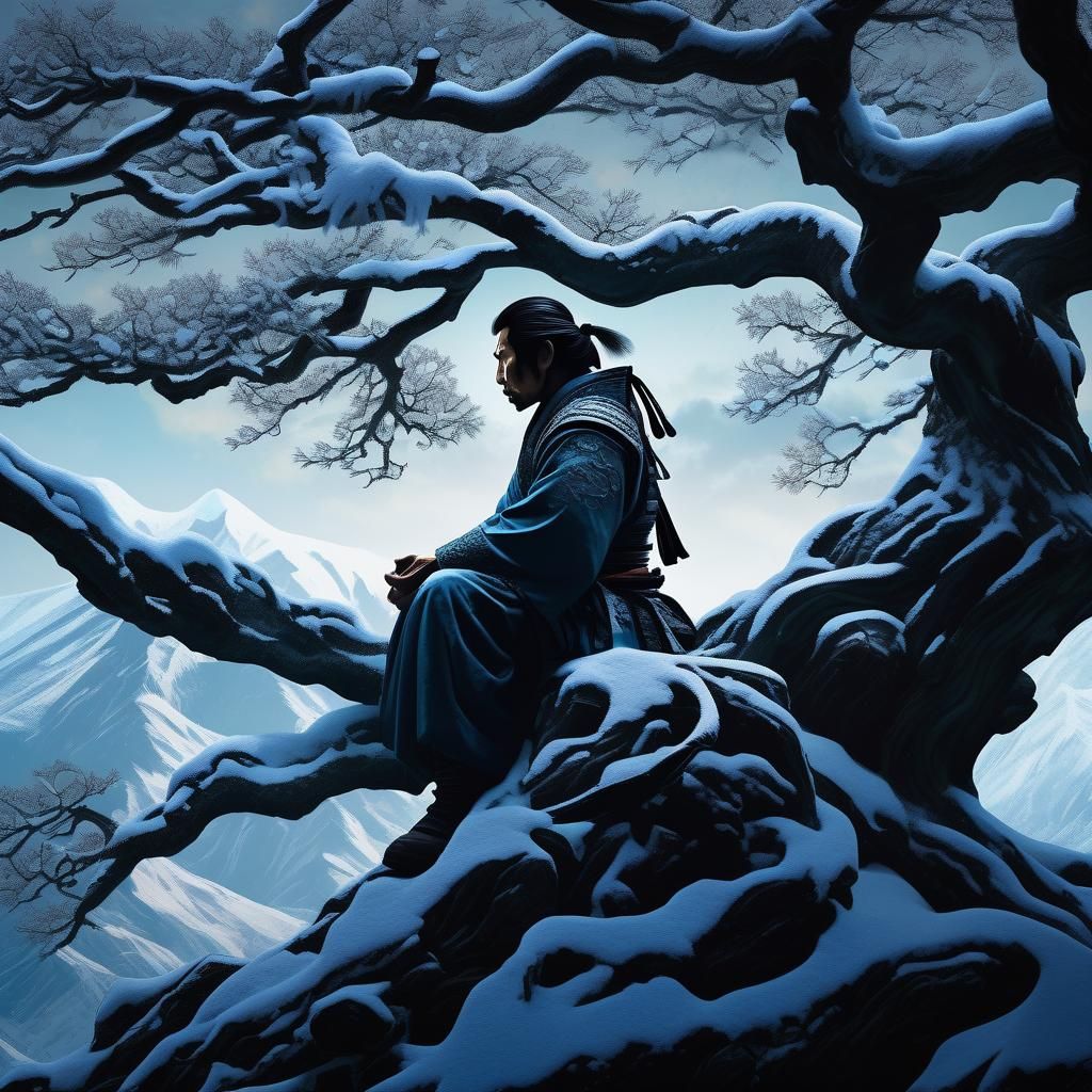 Contemplative Samurai in Snowy Mountain Landscape