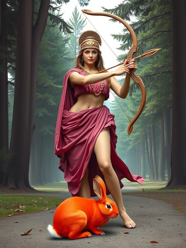 Roman Goddess Diana with Crescent Bow and Ombre Rabbit