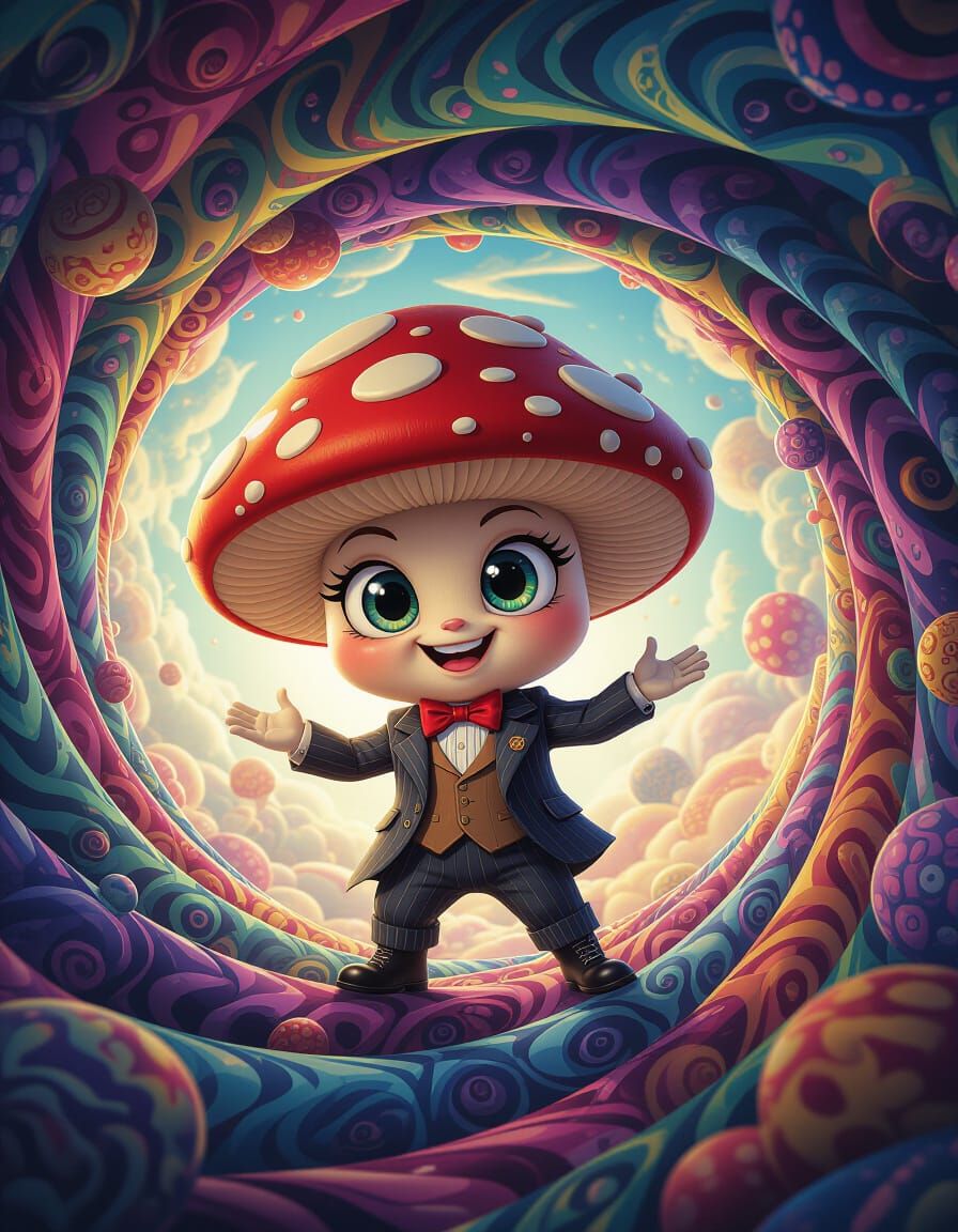Mischievous Mushroom Character in Psychedelic Setting