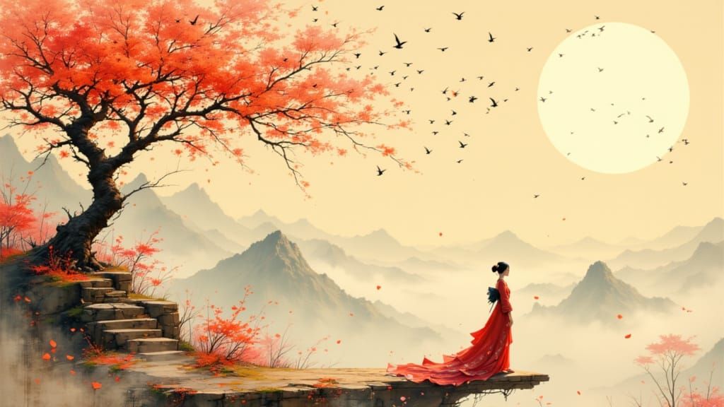 Serene Woman in Blossoms, Japanese Art Style