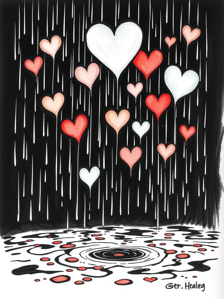 Raining Hearts: Curvy Line Art in Watercolor Style
