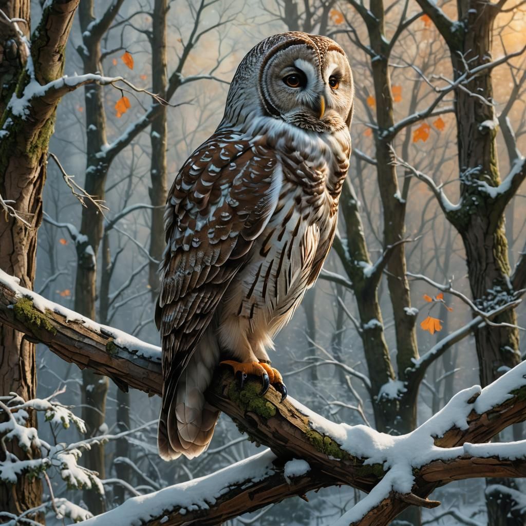 Owls on Branch in Fantasy Art Style
