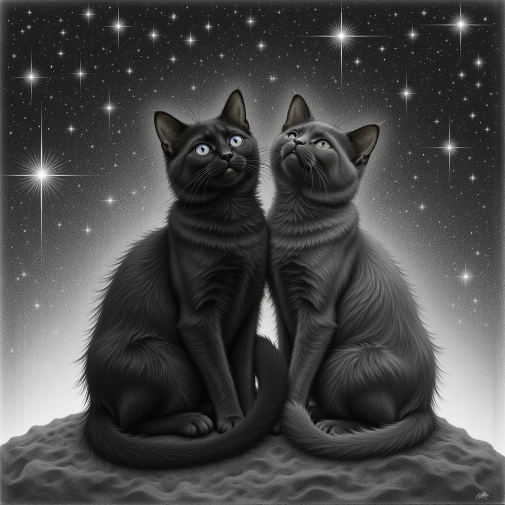 Two Cats Under a Starry Night Sky in Charcoal Style