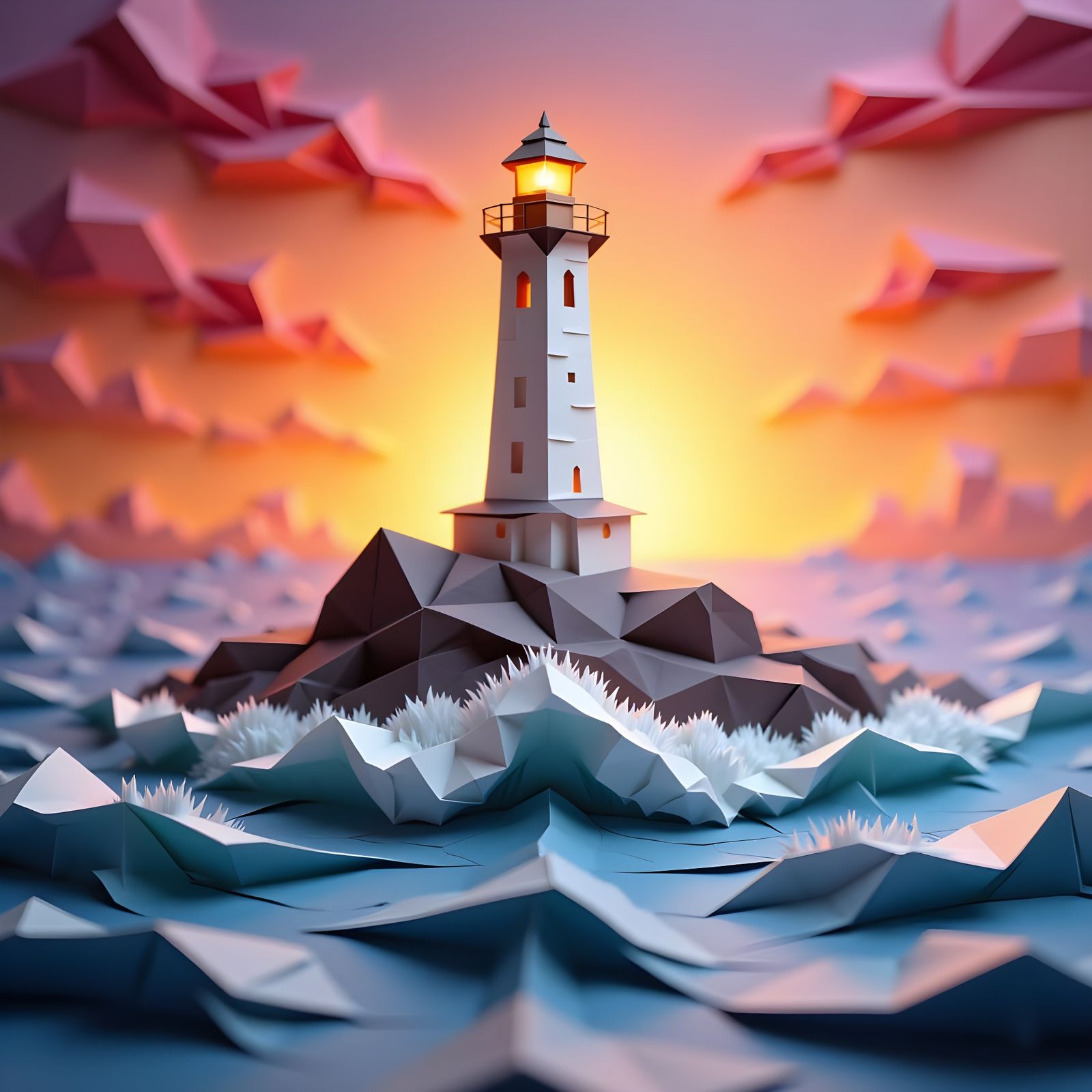 Origami Lighthouse Amidst Sunset Waves