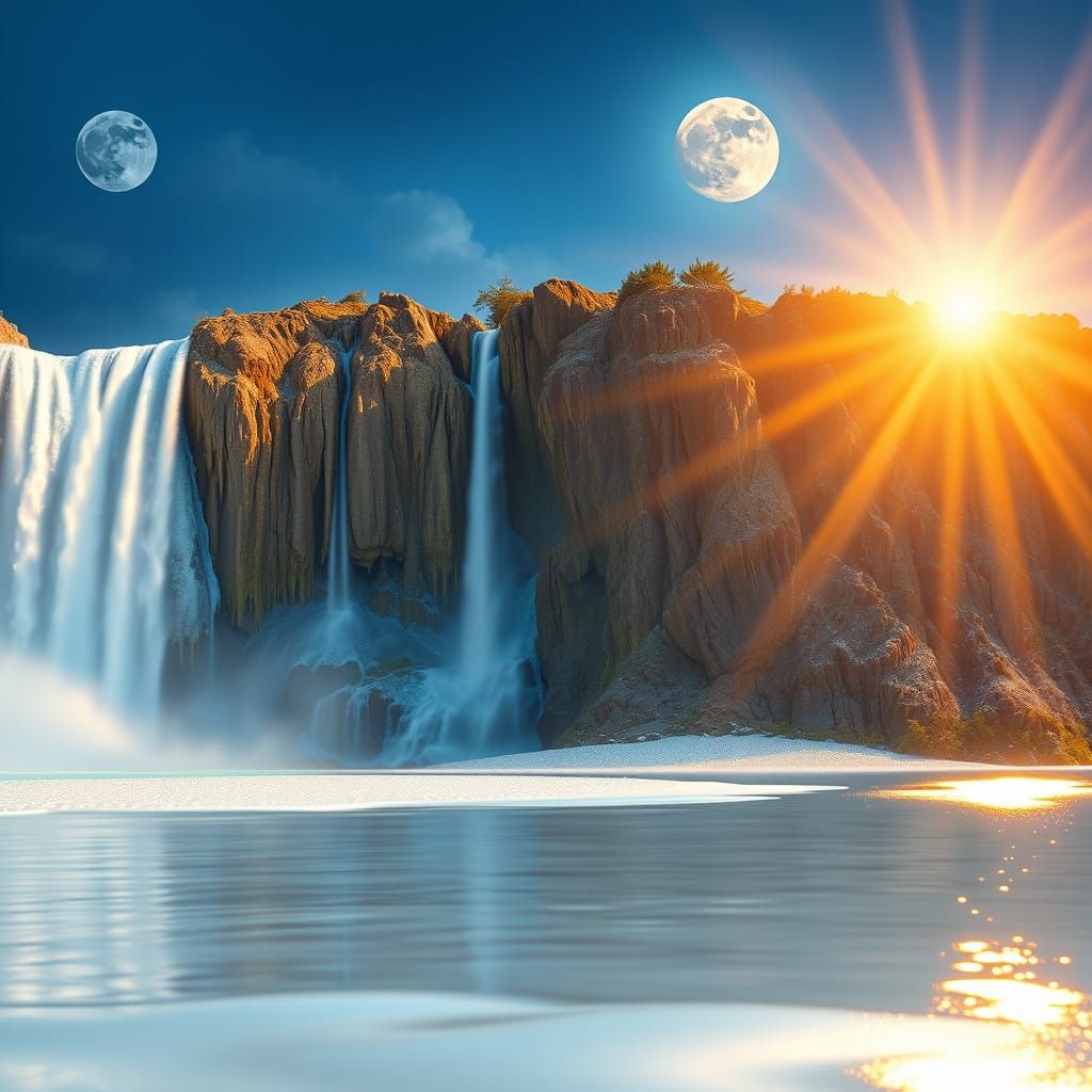 Majestic Iridescent Waterfall with Shimmering Lake and Golde...