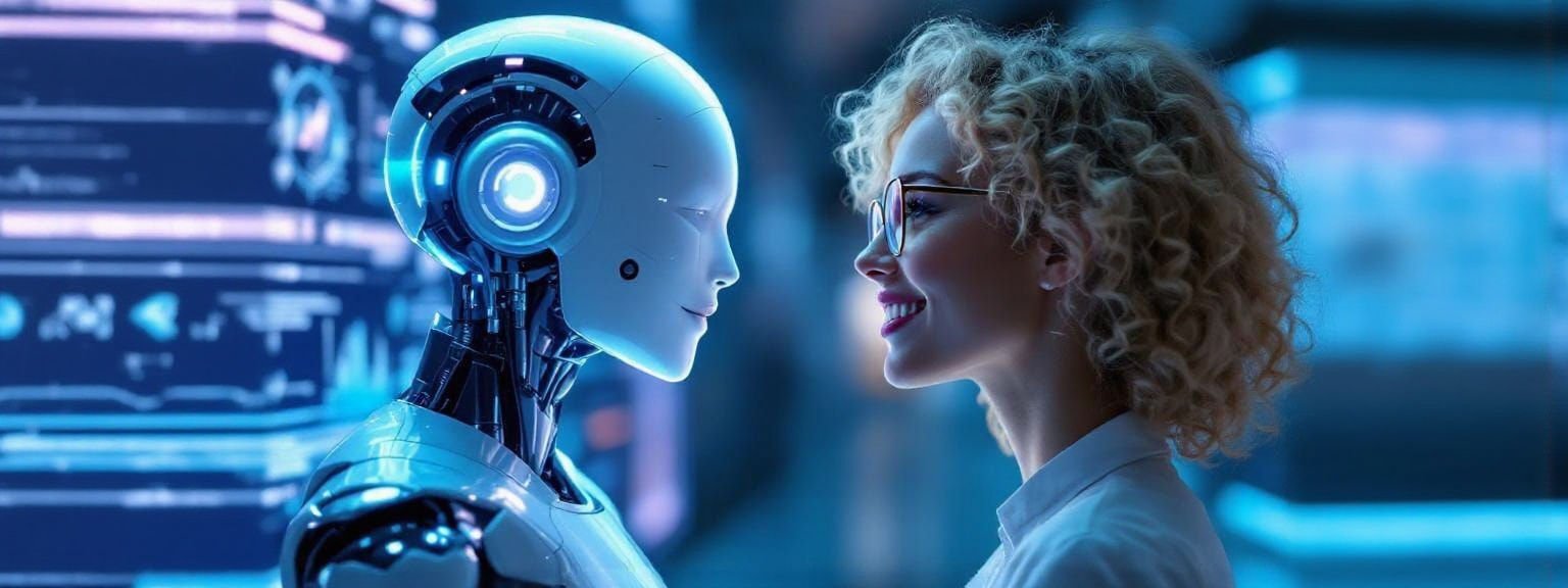 Blonde Woman Communicates with Humanoid AI Agent