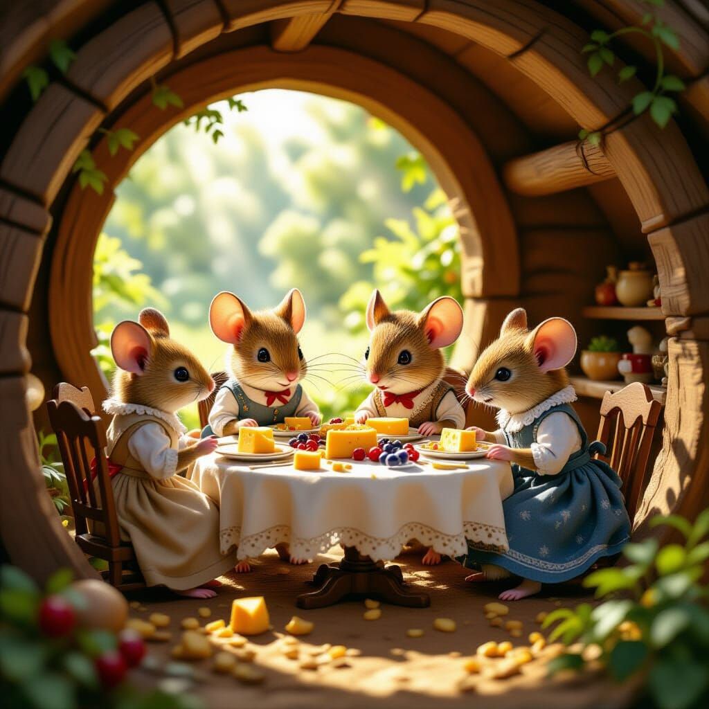 Victorian Mice Family Feast in Cozy Burrow