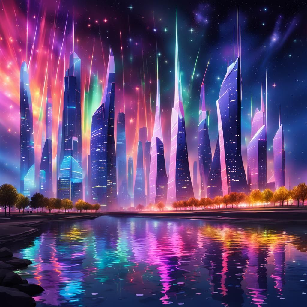 Futuristic Night Cityscape with Fluorescent Lights