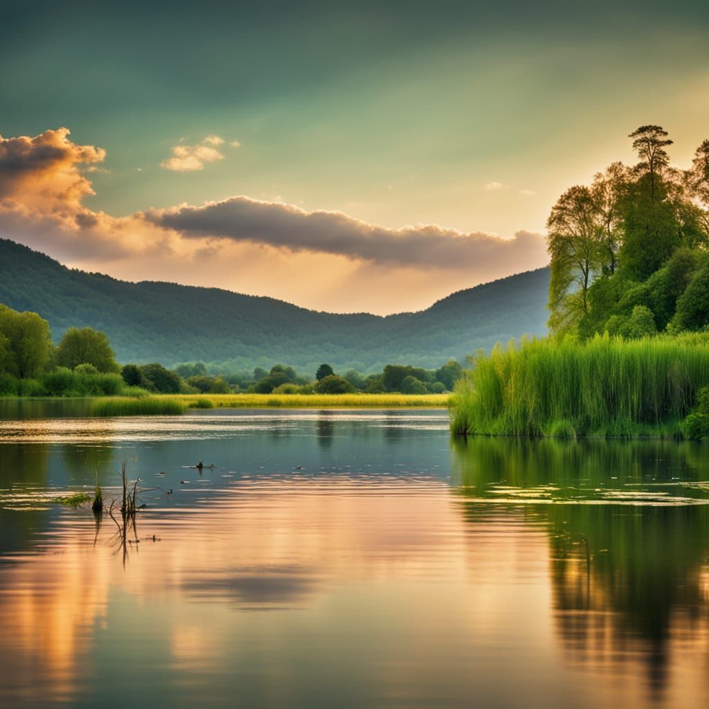Serene Golden Hour Lake Scene in Vibrant Green Surroundings