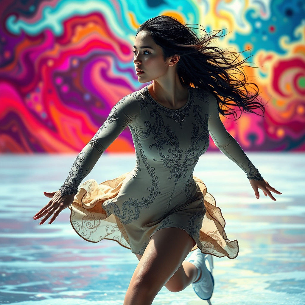 Elegant Ice Skater in Hyperrealistic Splash Art Style