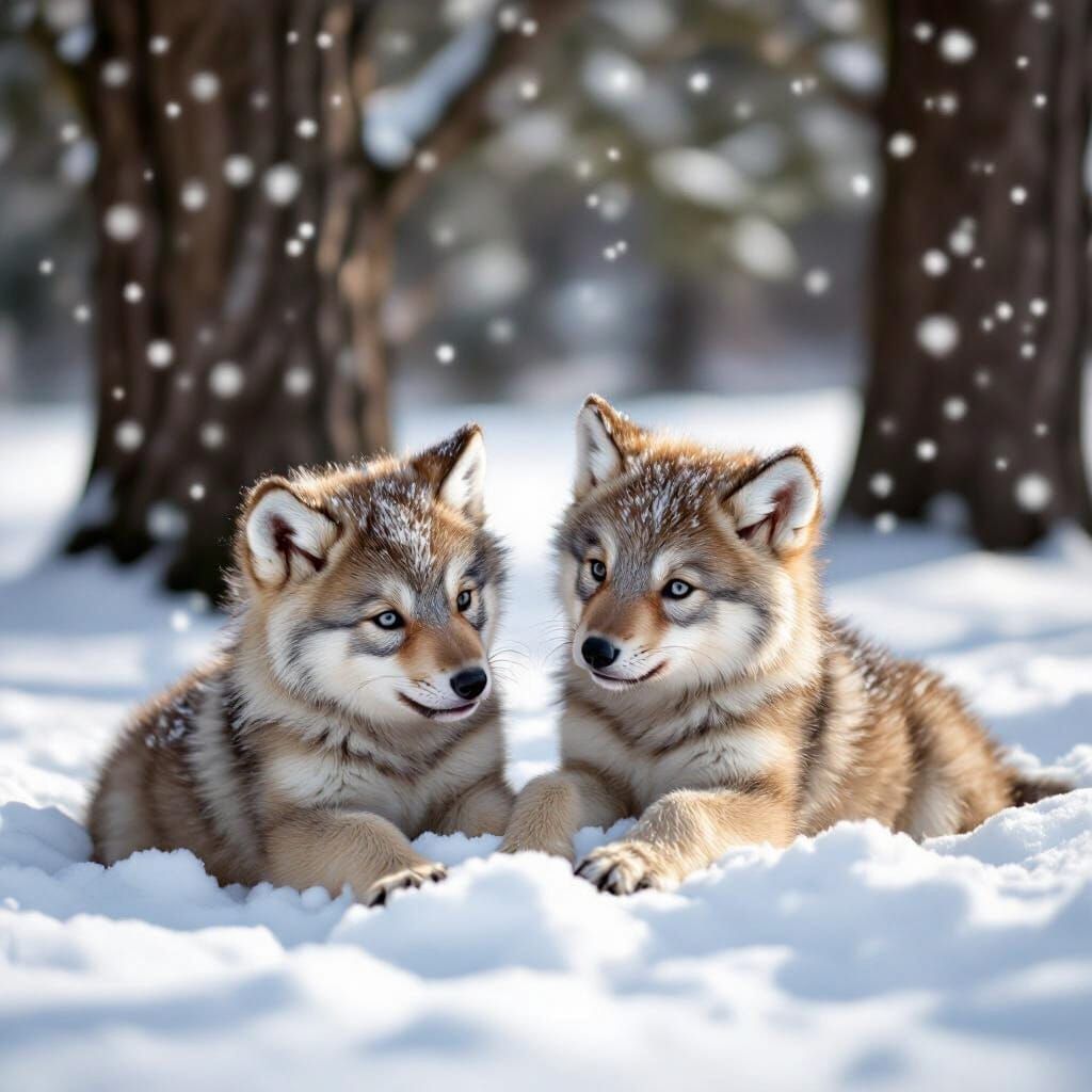 Adorable Wolf Cubs Playing in Snow - Photorealistic