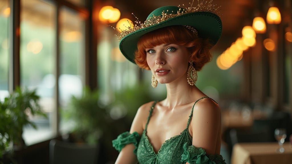 Elegant Woman in Art Deco Brasserie Veranda