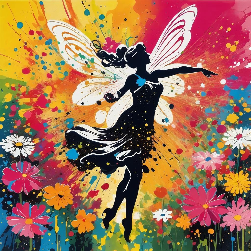 Winged Fairy Dances in Ink Splatter Garden