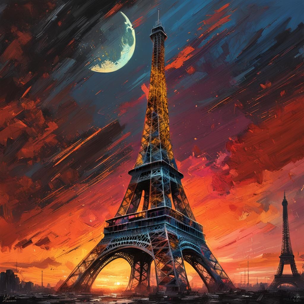 Eiffel Tower Sunset on the Moon: Detailed Matte Painting