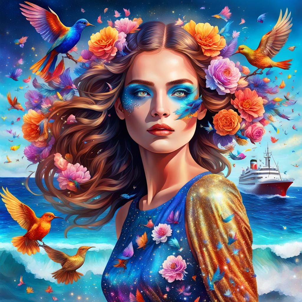 Cosmic Beauty with Flowers on a Blue Sea Beach