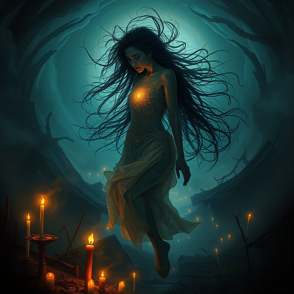 Ethereal Woman's Head in a Mystical Thai Village