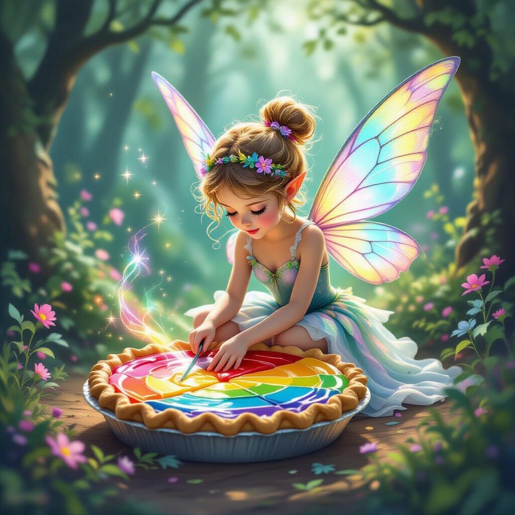 Ethereal Fairy Cuts Glowing Rainbow Pie in Enchanted Forest