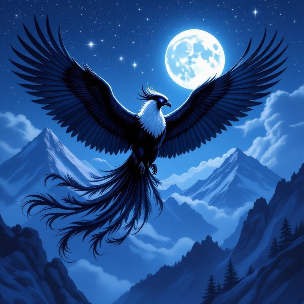 Phoenix Soaring Over Mountains in Dark Fantasy Style