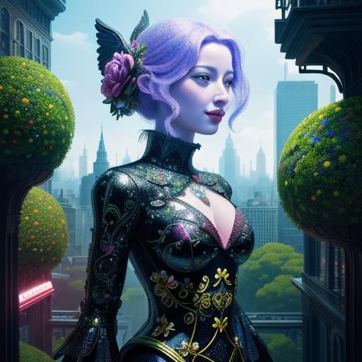 Whimsical City Lady with Birds in a Vibrant, Photorealistic ...