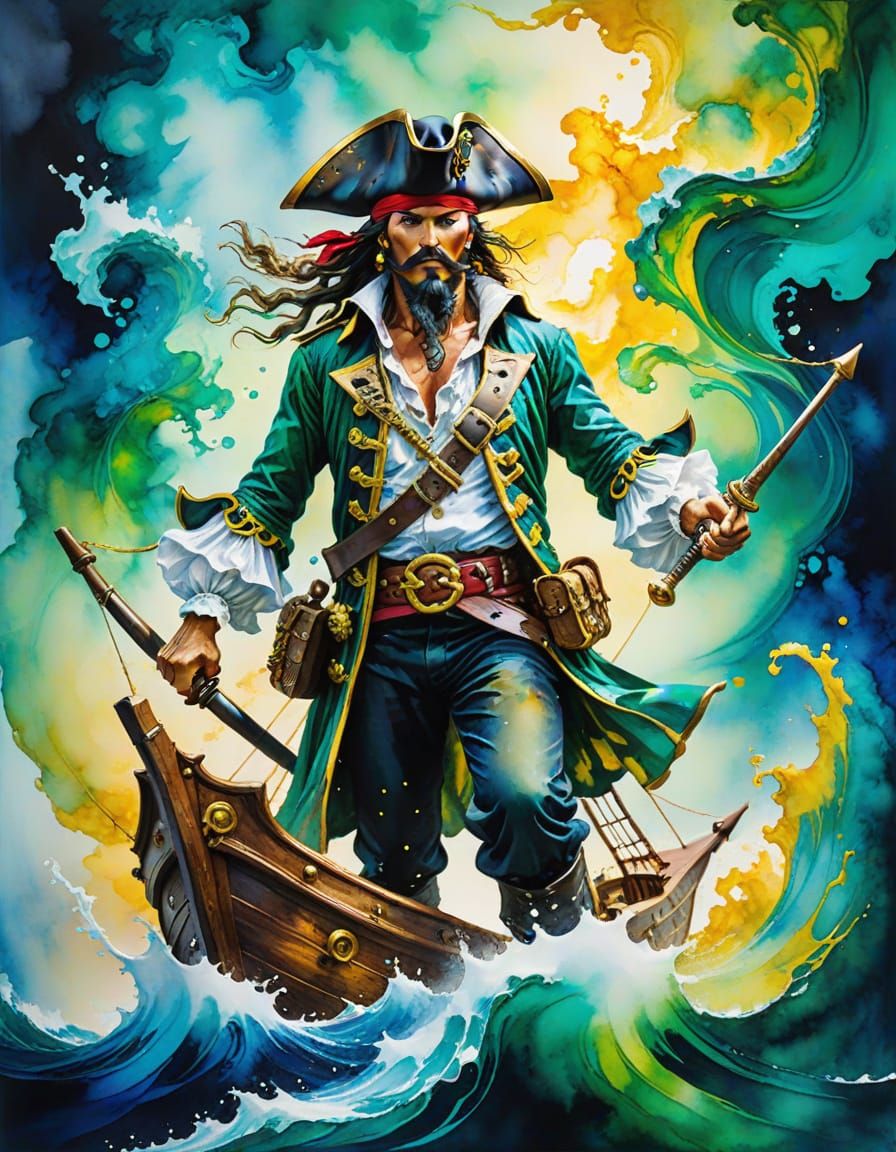 Pirate at Helm in Alcohol Ink Splash Art