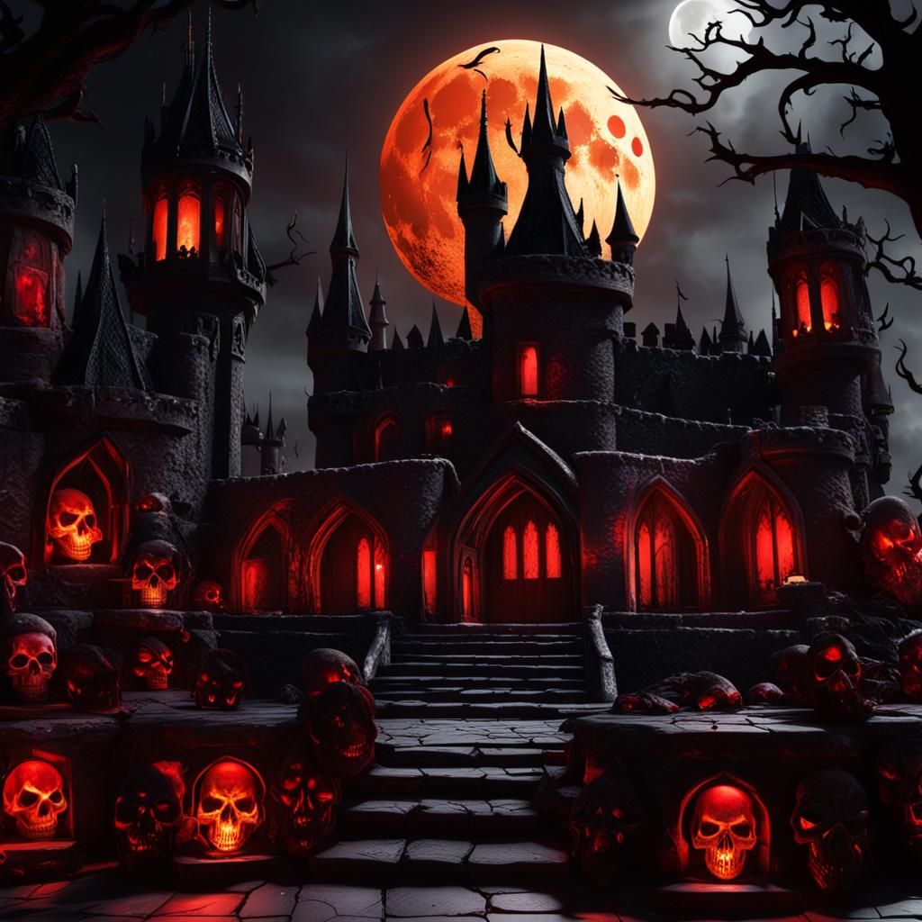 Dragon on Skull Castle Under Red Moon