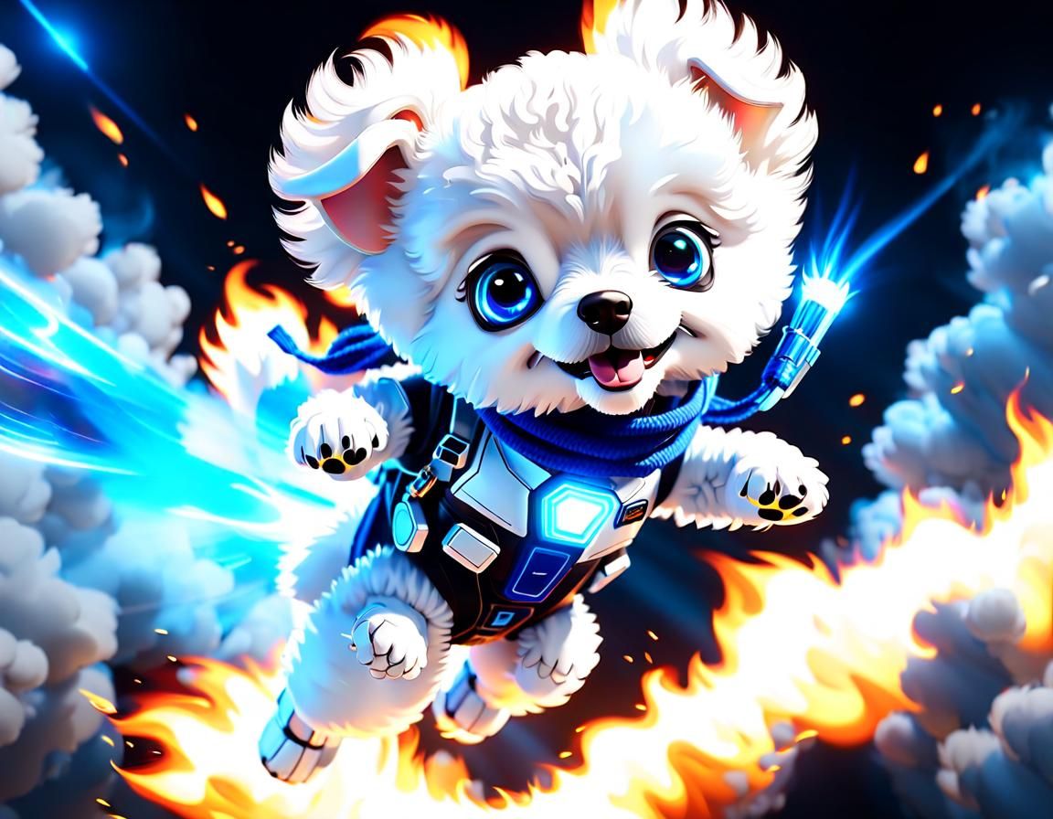 Fluffy Poodle Puppy Jetpack Adventure in Cartoon Style