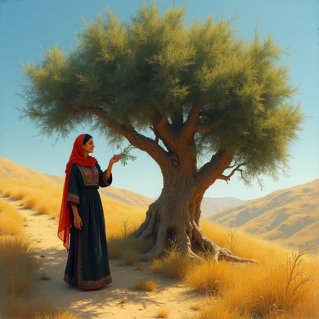 Palestinian Woman Picking Olives in Golden Light
