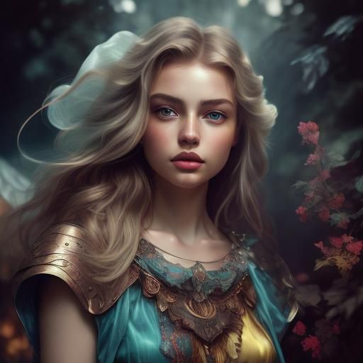 Beautiful Blonde Woman in Sea of Jewels, Digital Art